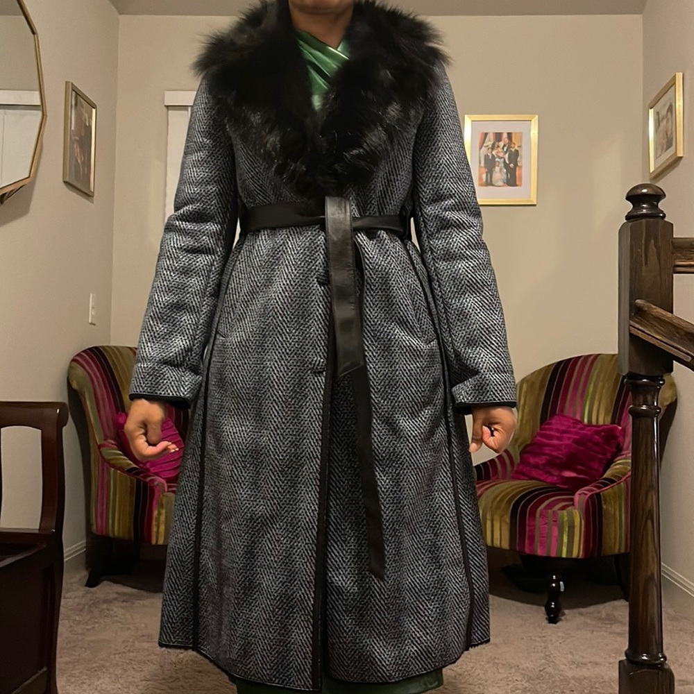New Multi faux fur / micro suede midi winter coat with  snaps and belt.